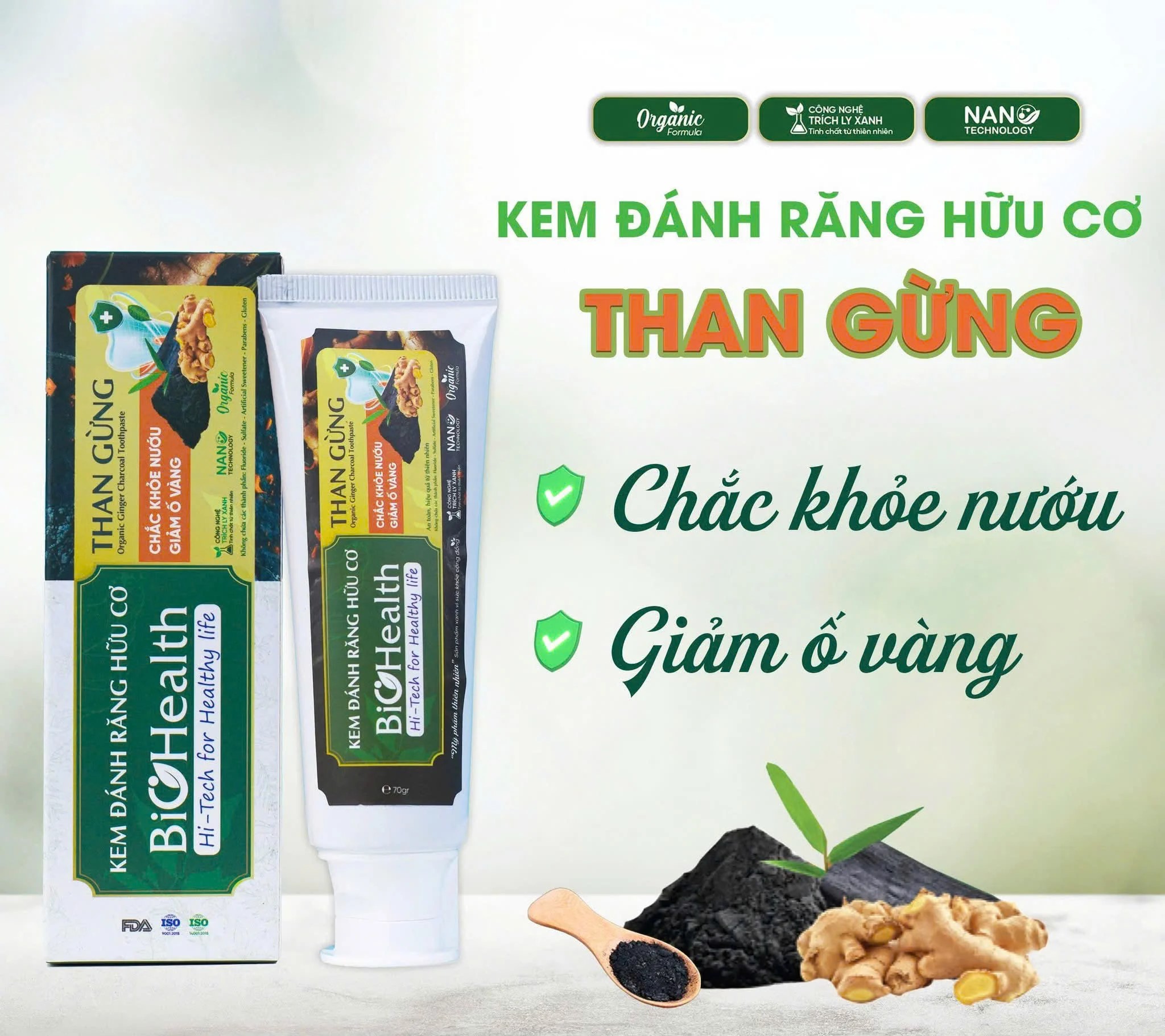Kem Đánh Răng Hữu Cơ Than Gừng BioHealth, Chắc Khỏe Nướu Giảm Ố Vàng 70g