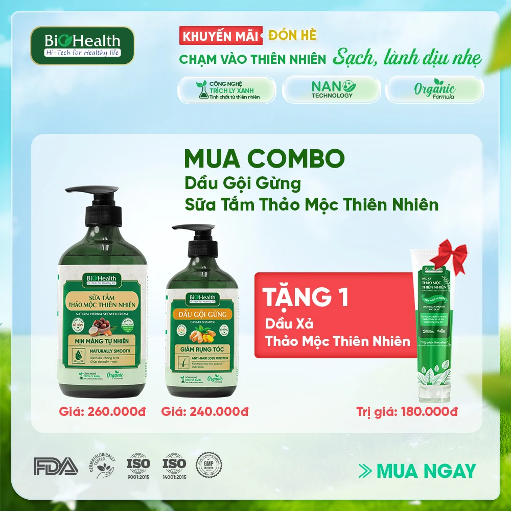 Combo Dầu Gội Gừng 290ml & Sữa Tắm Thảo Mộc Thiên Nhiên 470ml BioHealth