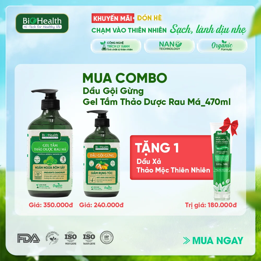 Combo Dầu Gội Gừng 290ml & Gel Tắm Thảo Dược Rau Má 470ml BioHealth
