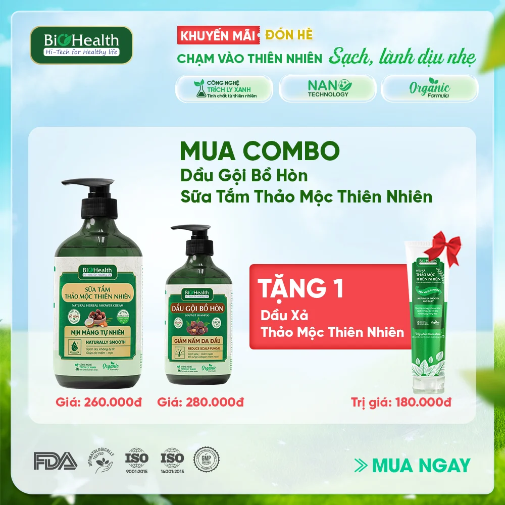 Combo Dầu Gội Bồ Hòn 290ml & Sữa Tắm Thảo Mộc Thiên Nhiên 470ml BioHealth