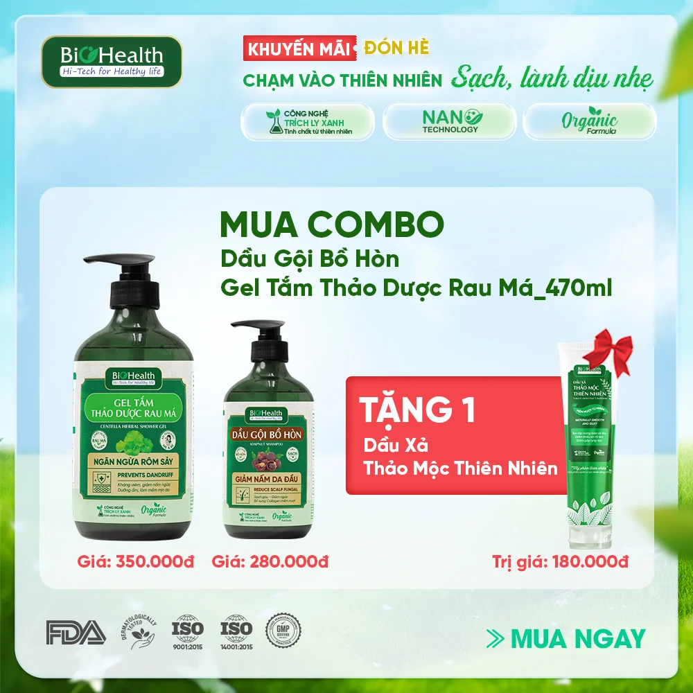 Combo Dầu Gội Bồ Hòn 290ml & Gel Tắm Rau Má 470ml BioHealth