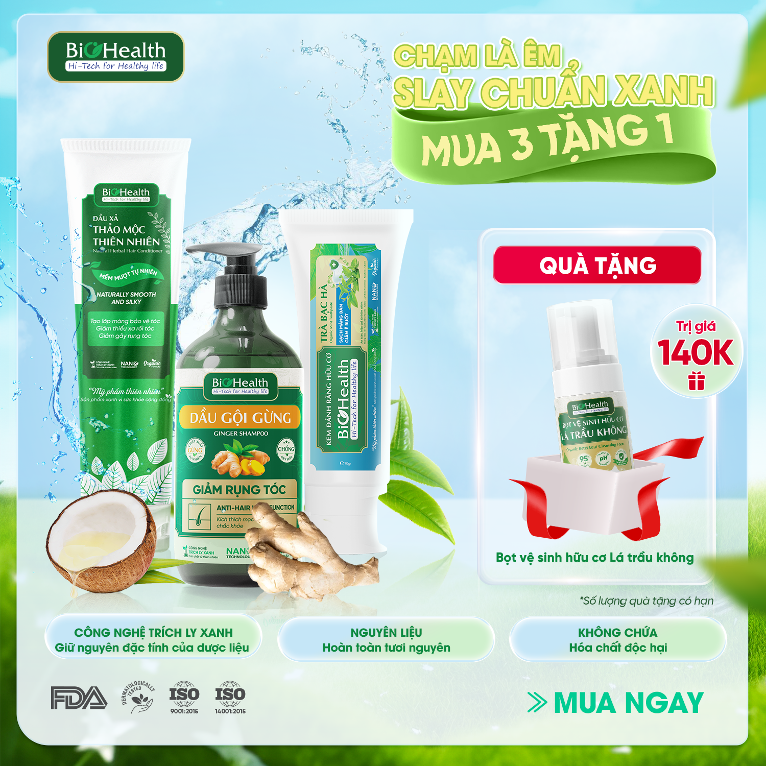 Combo Cái Răng Cái Tóc Là Góc Con Người 1 Gồm Dầu Gội Gừng, Dầu Xả & Kem Đánh Răng Bạc Hà BioHealth