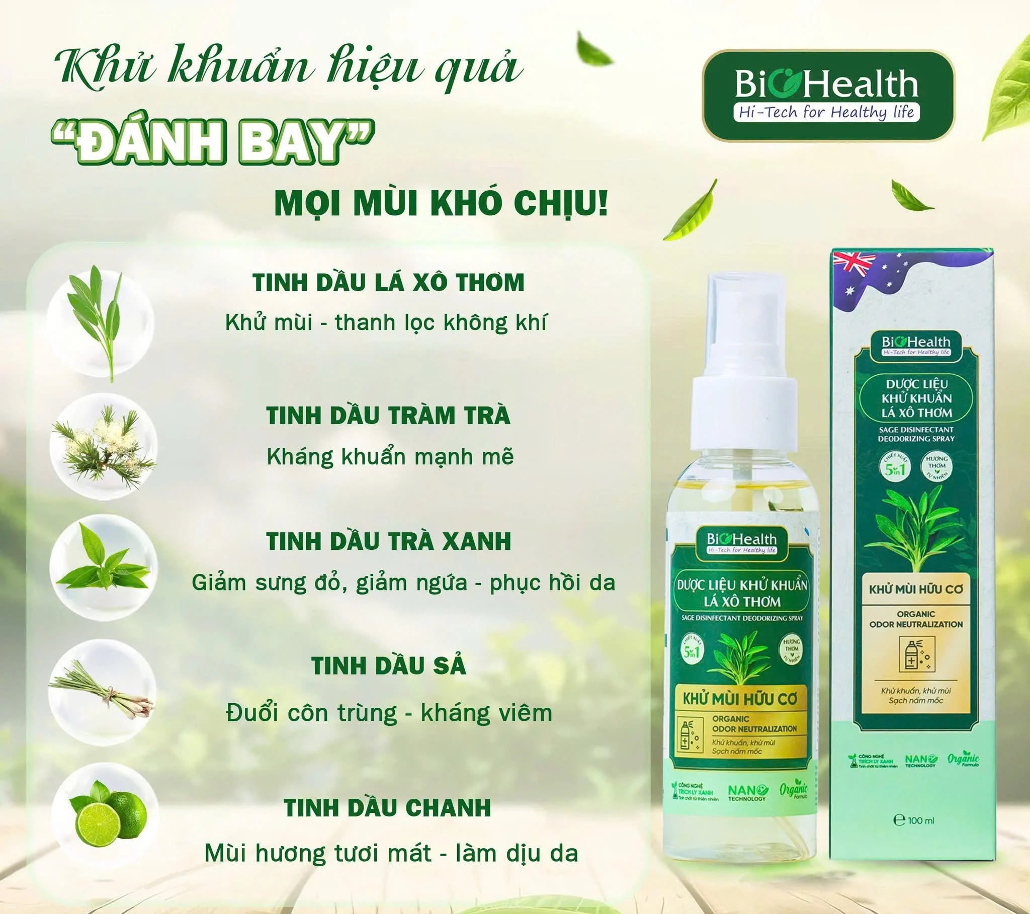 Dung Dịch Khử Khuẩn Lá Xô Thơm Khử Mùi Hữu Cơ BioHealth 100ml