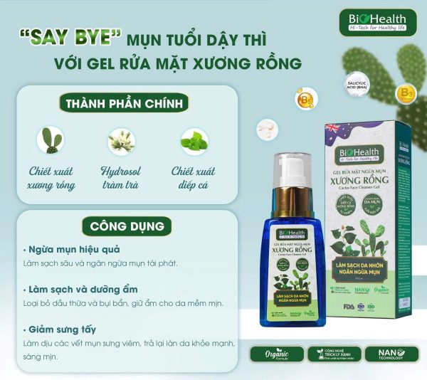 Gel Rửa Mặt Ngừa Mụn Xương Rồng BioHealth, Làm Sạch Da Nhờn, Ngăn Ngừa Mụn, Phục Hồi Tổn Thương Do Mụn 60ml