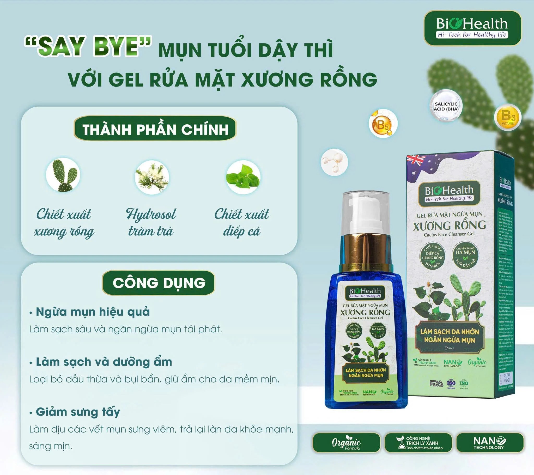 Gel Rửa Mặt Ngừa Mụn Xương Rồng BioHealth, Làm Sạch Da Nhờn, Ngăn Ngừa Mụn, Phục Hồi Tổn Thương Do Mụn 60ml