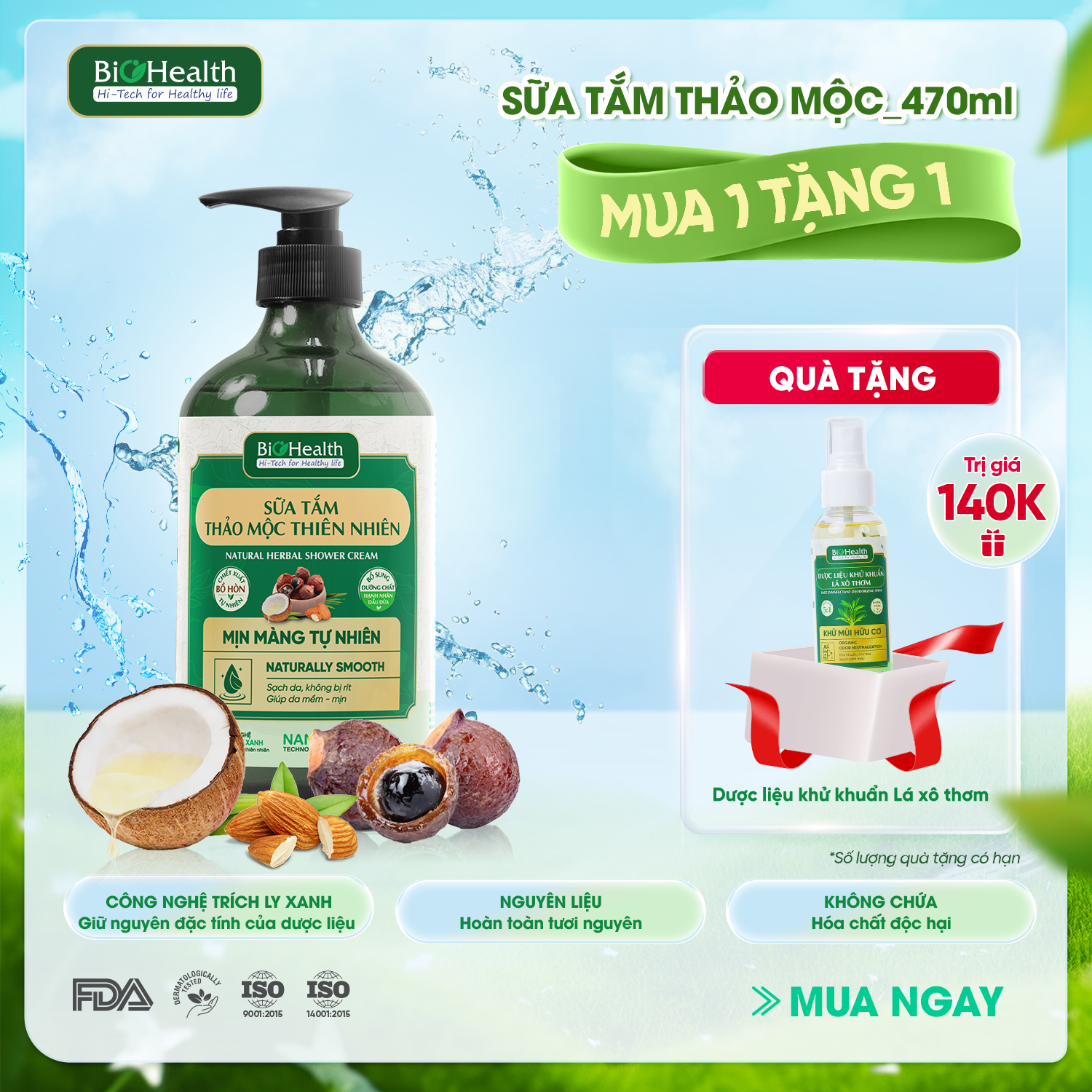 Sữa Tắm Thảo Mộc Thiên Nhiên Biohealth Làm Mịn Màng Da Khô, Giảm Mụn Lưng 470ml