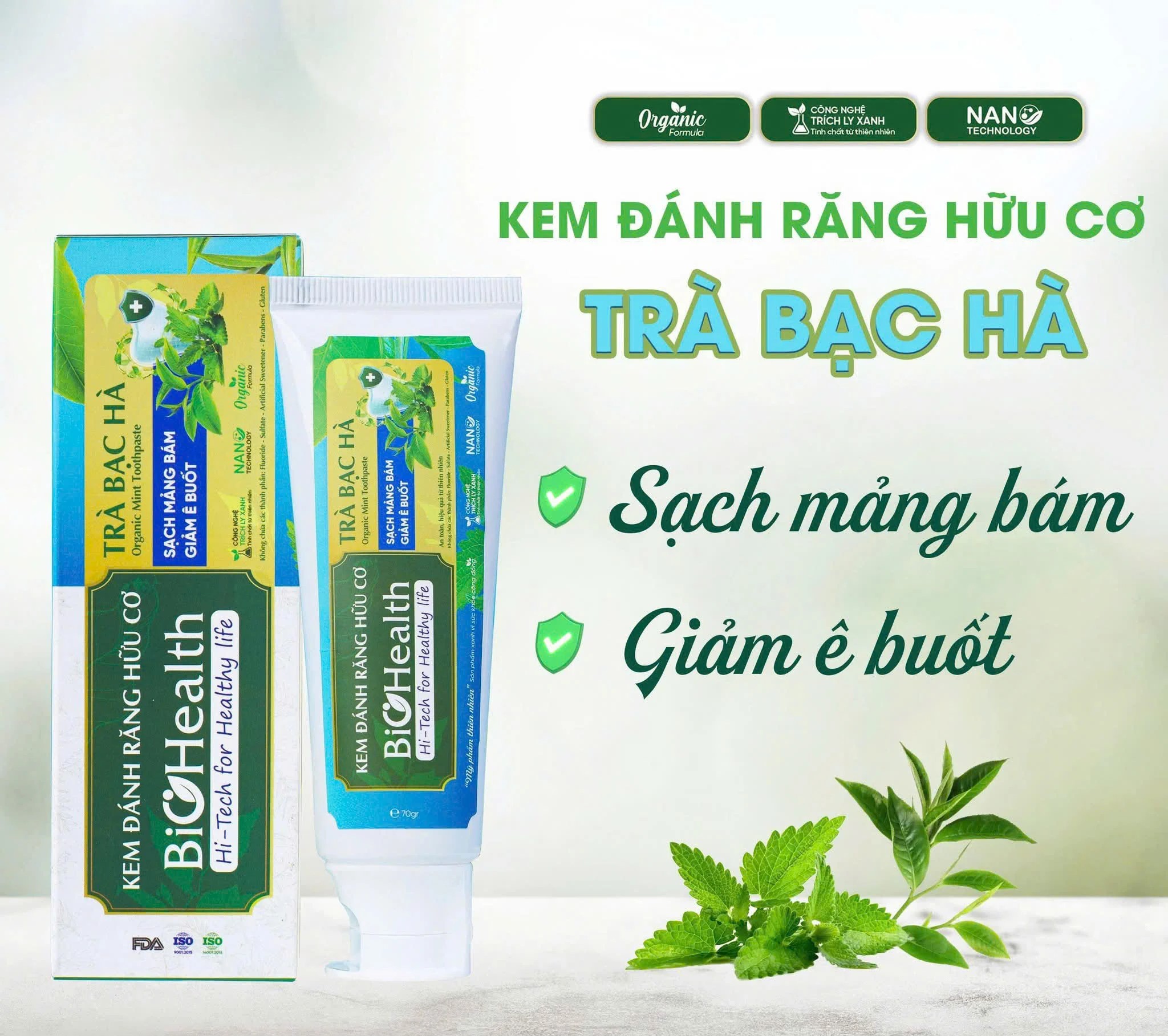 Kem Đánh Răng Hữu Cơ Trà Bạc Hà BioHealth, Sạch Mảng Bám, Giảm Ê Buốt 70g